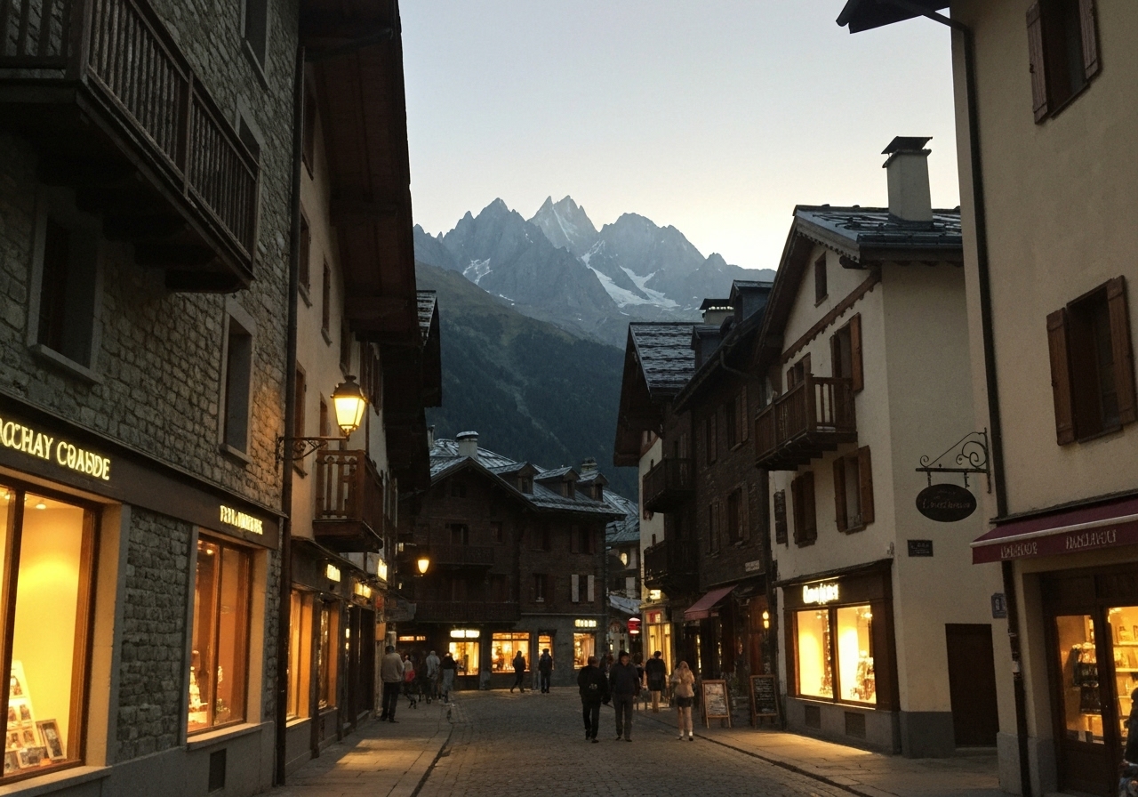 Evening street scene in Chamonix, France, viewed from eye level, showing traditional Alpine architecture with mountains looming in the background, soft natural lighting, slightly grainy as if taken with a phone in low light, candid and unposed