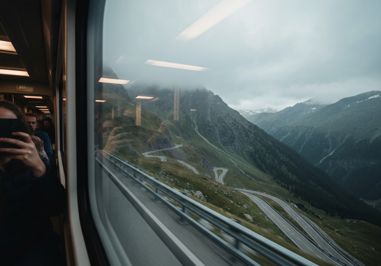 A smartphone photo taken from a train window, looking out at dramatic Alpine mountains through slightly foggy glass, with a faint reflection of the photographer's face visible in the corner of the frame, natural lighting, authentic travel moment