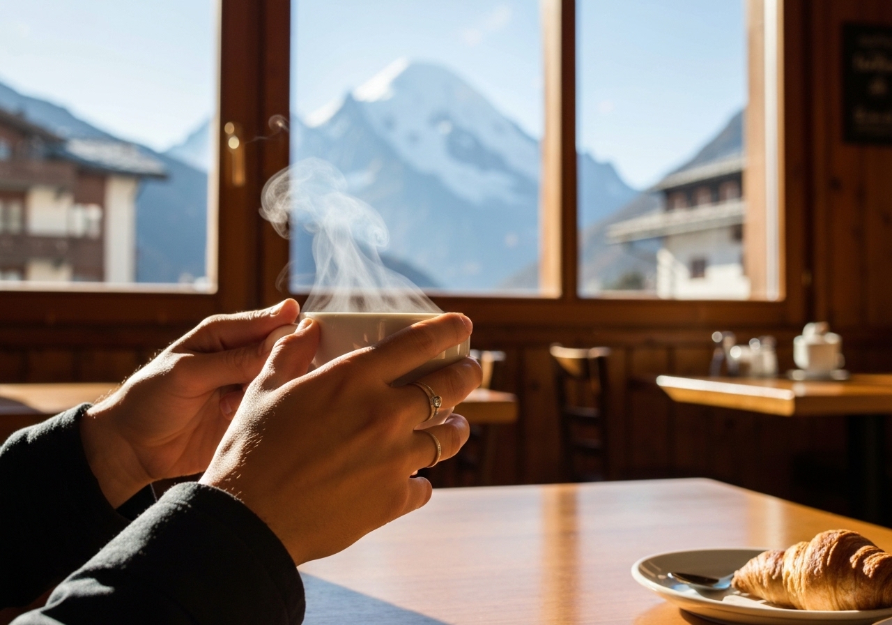 A spontaneous photo of a person's hands wrapped around a warm coffee cup in a Chamonix café, with Mont Blanc visible through the window in the background, soft morning light, authentic café atmosphere, slightly blurred background