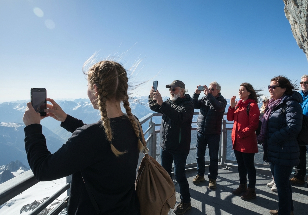 A genuine moment on the Aiguille du Midi viewing platform, showing a diverse group of tourists taking in the view of Mont Blanc, some with smartphones raised, others just gazing, natural reactions, windy conditions with hair blowing, bright alpine sunlight creating harsh shadows