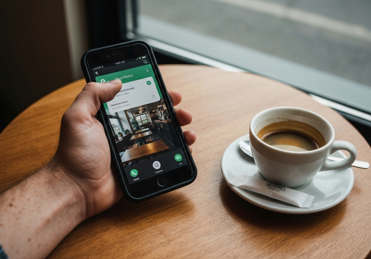 A person's hand holding a smartphone displaying a map, resting on a small wooden café table with a half-finished cup of coffee and a sugar packet, cloudy sky visible through the window in the background, natural lighting with soft shadows, authentic smartphone photo quality with slight lens flare
