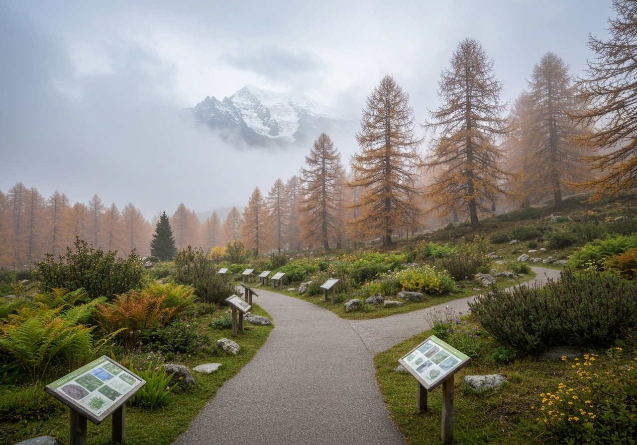A path through an alpine botanical garden with various hardy plants and educational signs, larch trees in the background beginning to shed their needles, misty atmosphere with Mont Blanc barely visible through low clouds in the distance, taken with a smartphone showing realistic compression and natural lighting