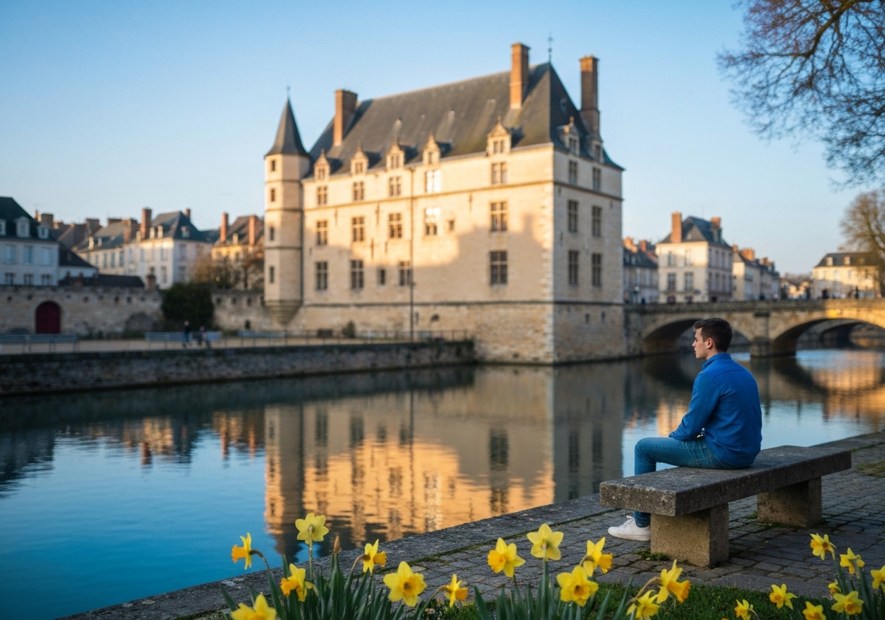 A candid shot of the Palais de l'Isle from across the canal in Annecy, France, captured on a smartphone. Morning light reflects off the still water of the Thiou canal. The 12th-century stone building is slightly off-center, with a glimpse of pastel-colored buildings along the bank. The image has a spontaneous, slightly imperfect composition