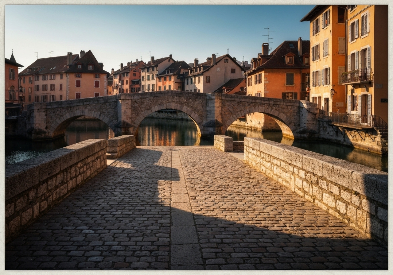 A narrow cobblestone street in Annecy's old town, captured from a low angle. Stone bridges arch over a calm canal in the background. The terracotta rooftops of old buildings line the street. The lighting is soft morning light, with long shadows. The composition feels spontaneous, as if taken while walking, with no people in the frame