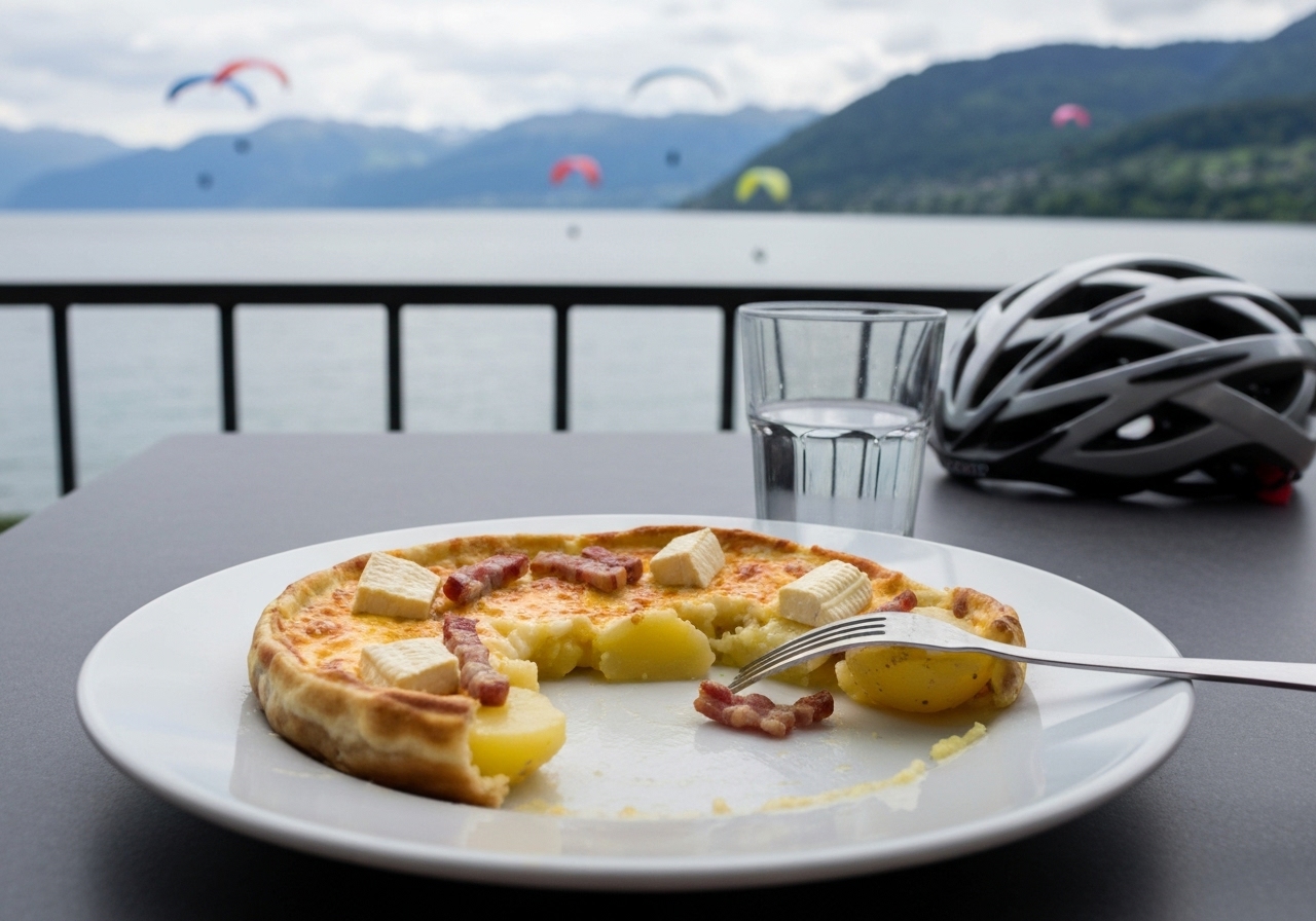 A smartphone photo of a simple lunch on a terrace: a half-eaten plate of tartiflette with potatoes, reblochon cheese, and lardons, alongside a glass of water. The lake and paragliders in the distant mountains are visible but out of focus in the background, with a bicycle helmet casually placed on the table edge. Natural, overcast daylight with no filter