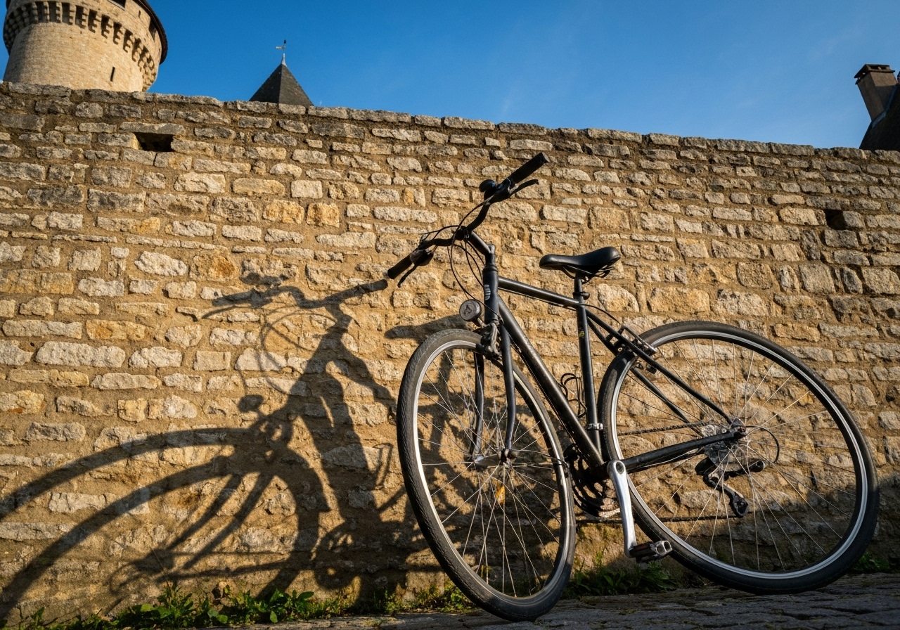 A low-angle, impromptu shot of a rented bicycle leaning against an old stone wall in a medieval village like Duingt or Menthon-Saint-Bernard. The bike's shadow is long, the castle is partially visible in the top corner, and the focus is on the textured stone and the bike's details, capturing a quiet, authentic moment of rest during the ride