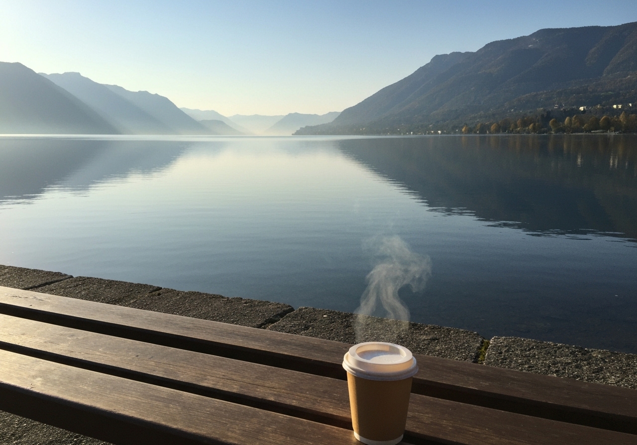 A candid smartphone photo from a bench by Lake Annecy in the early morning. The water is perfectly still, mirroring the mountains in the distance. A simple takeaway coffee cup sits on the bench next to the photographer, steam gently rising. The light is soft and golden, with a slight autumn chill in the air. No people in the shot, just a serene, empty landscape