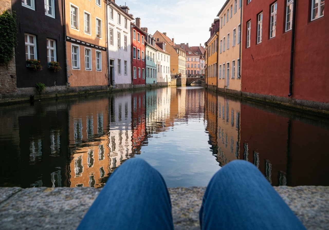 A quiet scene along a narrow canal in an old town, colorful historic buildings reflected in the water, dappled sunlight, captured from a low angle as if sitting on the canal edge, smartphone photography with realistic imperfections