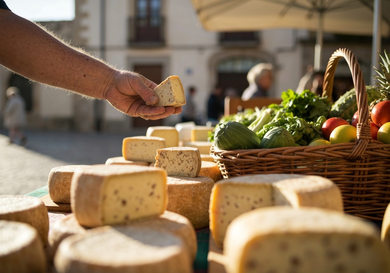 A spontaneous shot at a small local market stall, focusing on weathered hands offering a sample of cheese to the photographer, with other cheeses and produce slightly blurred in the foreground, natural morning light, authentic moment