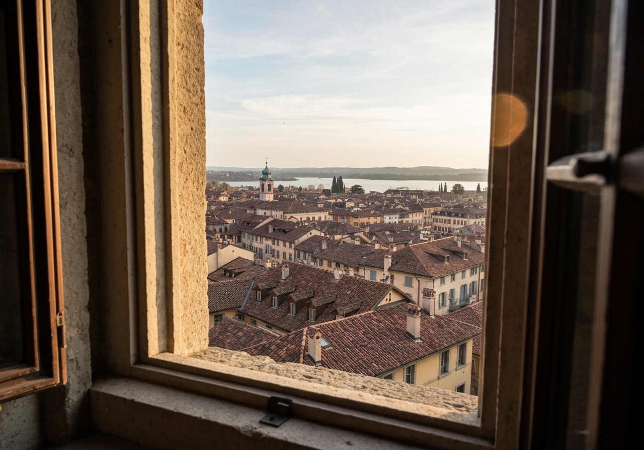 A candid photo looking out from inside a historic château window, capturing a partial view of the stone window frame and a panoramic view of a European old town with terracotta rooftops and a lake in the distance, shot on a smartphone with natural lighting and slight lens flare