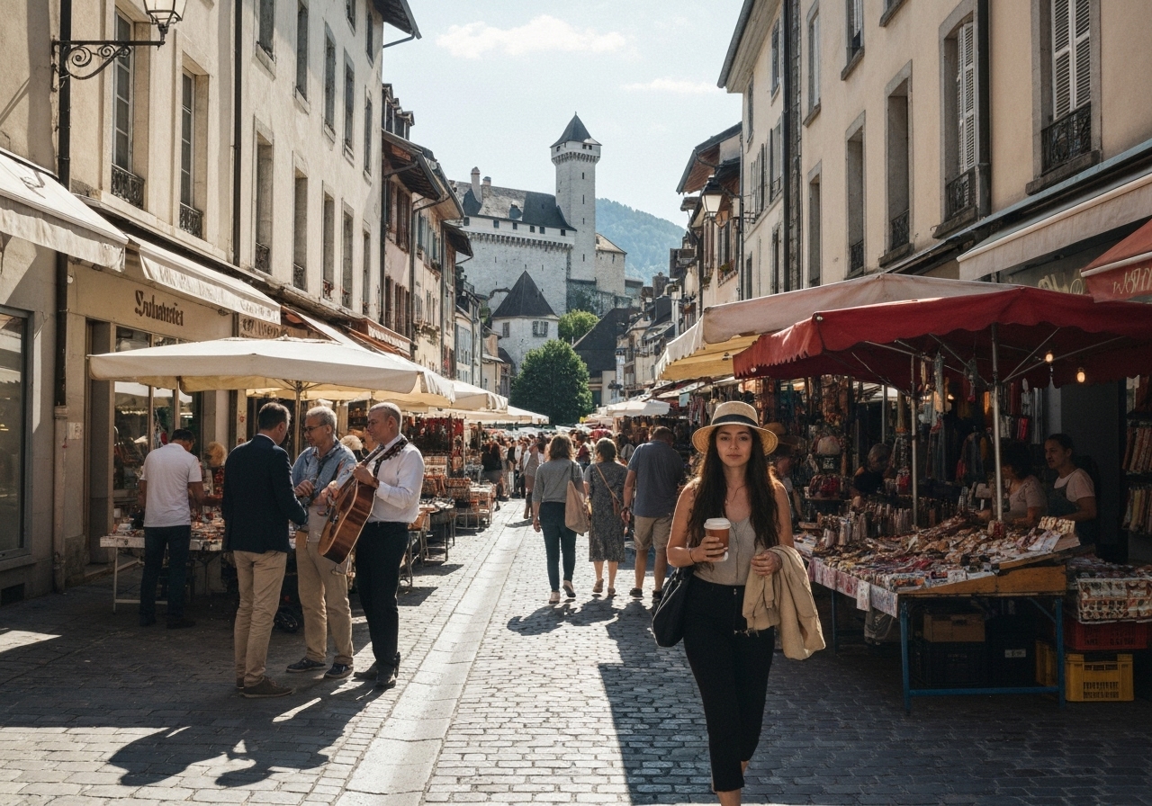 A candid smartphone photo looking down a narrow, cobblestone street in Annecy's old town, with morning fog softening the edges of medieval buildings. A lone figure walks away in the distance, slightly blurred and out of focus, holding a takeaway coffee cup. The image feels quiet and contemplative