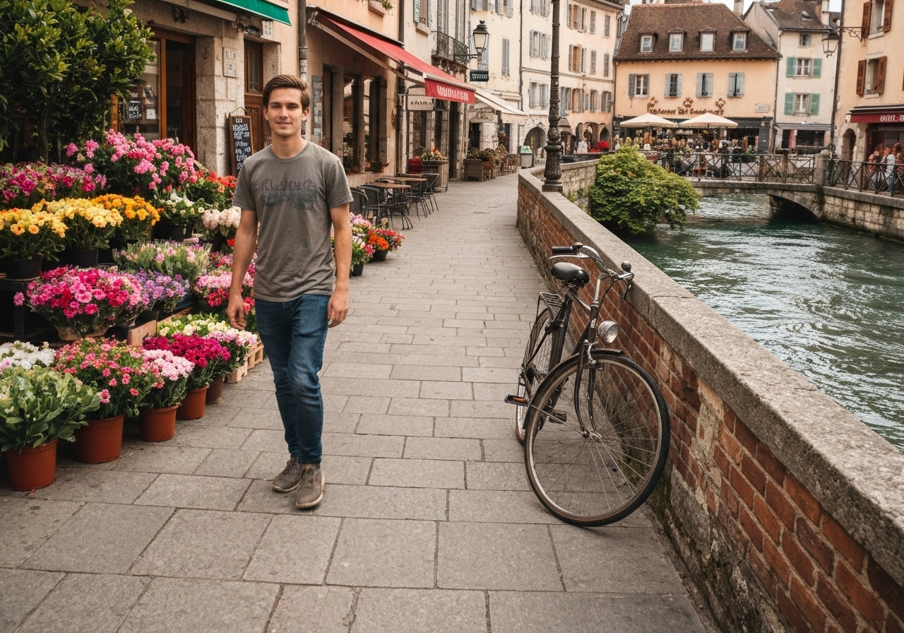 Casual street photography moment in Annecy, France, capturing genuine local atmosphere