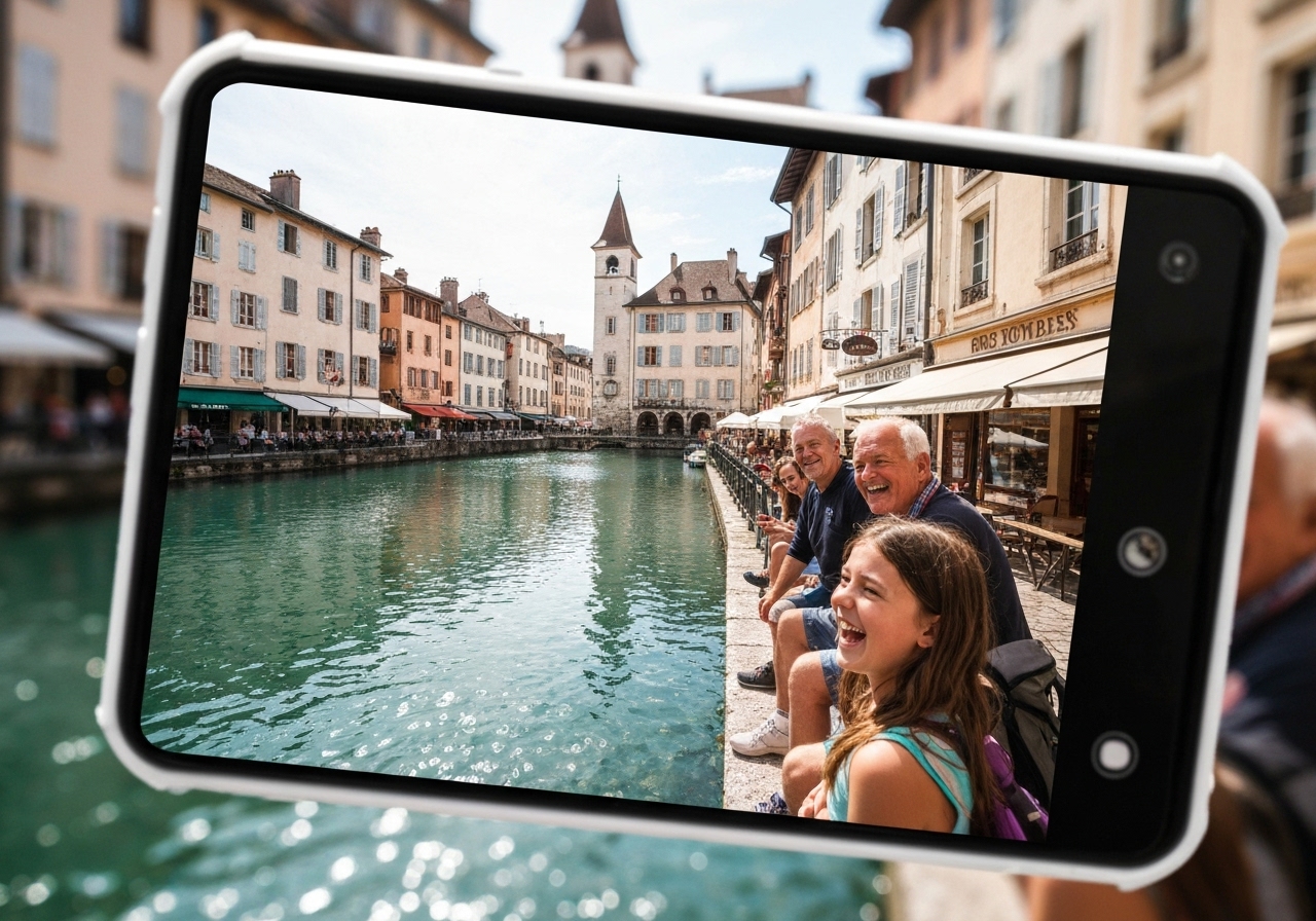 Natural travel moment in Annecy, France, taken with smartphone, imperfect framing