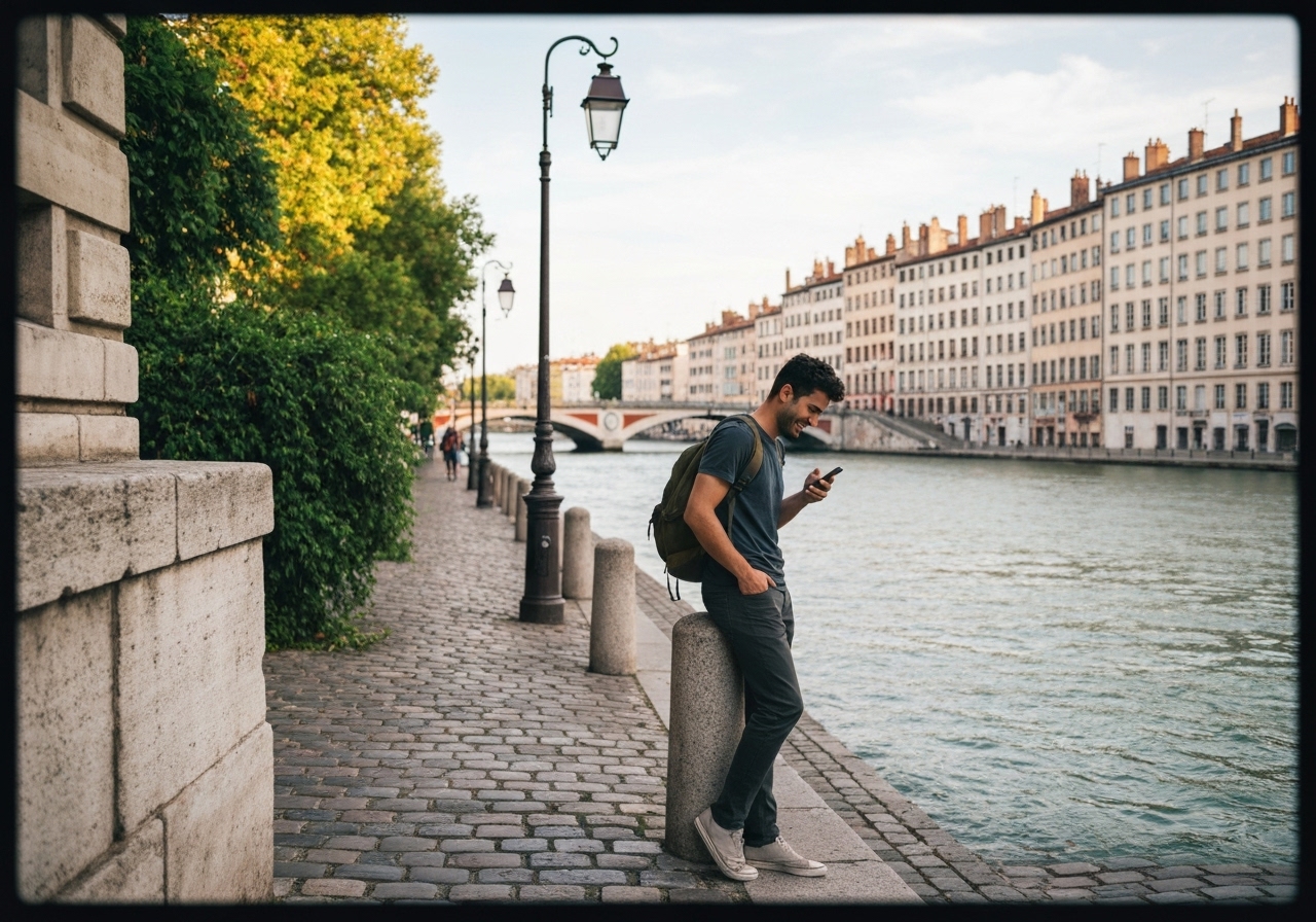 Natural travel moment in Lyon, France, taken with smartphone, imperfect framing