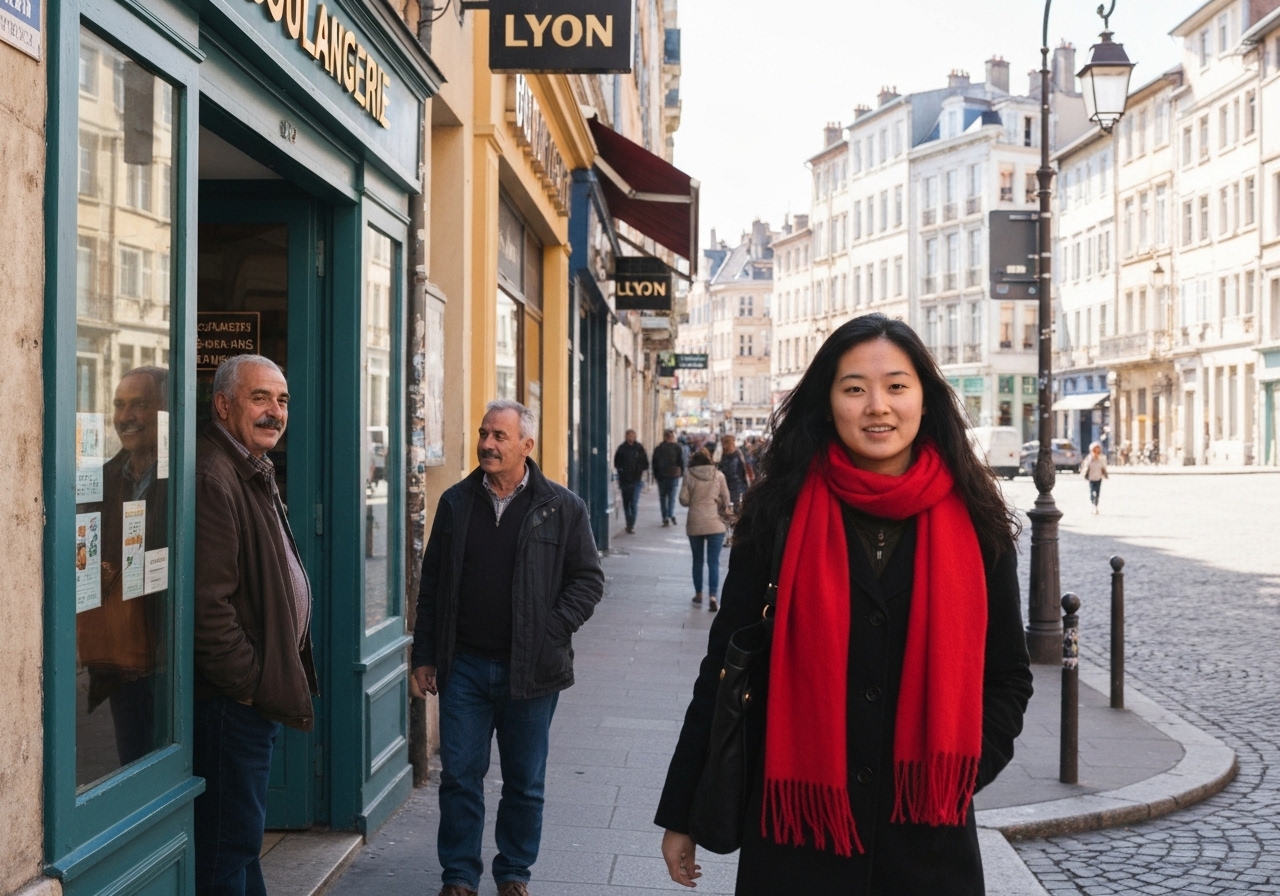 Casual street photography moment in Lyon, France, capturing genuine local atmosphere