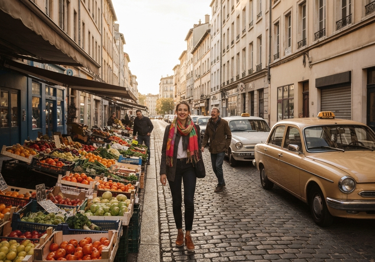 Casual street photography moment in Lyon, France, capturing genuine local atmosphere