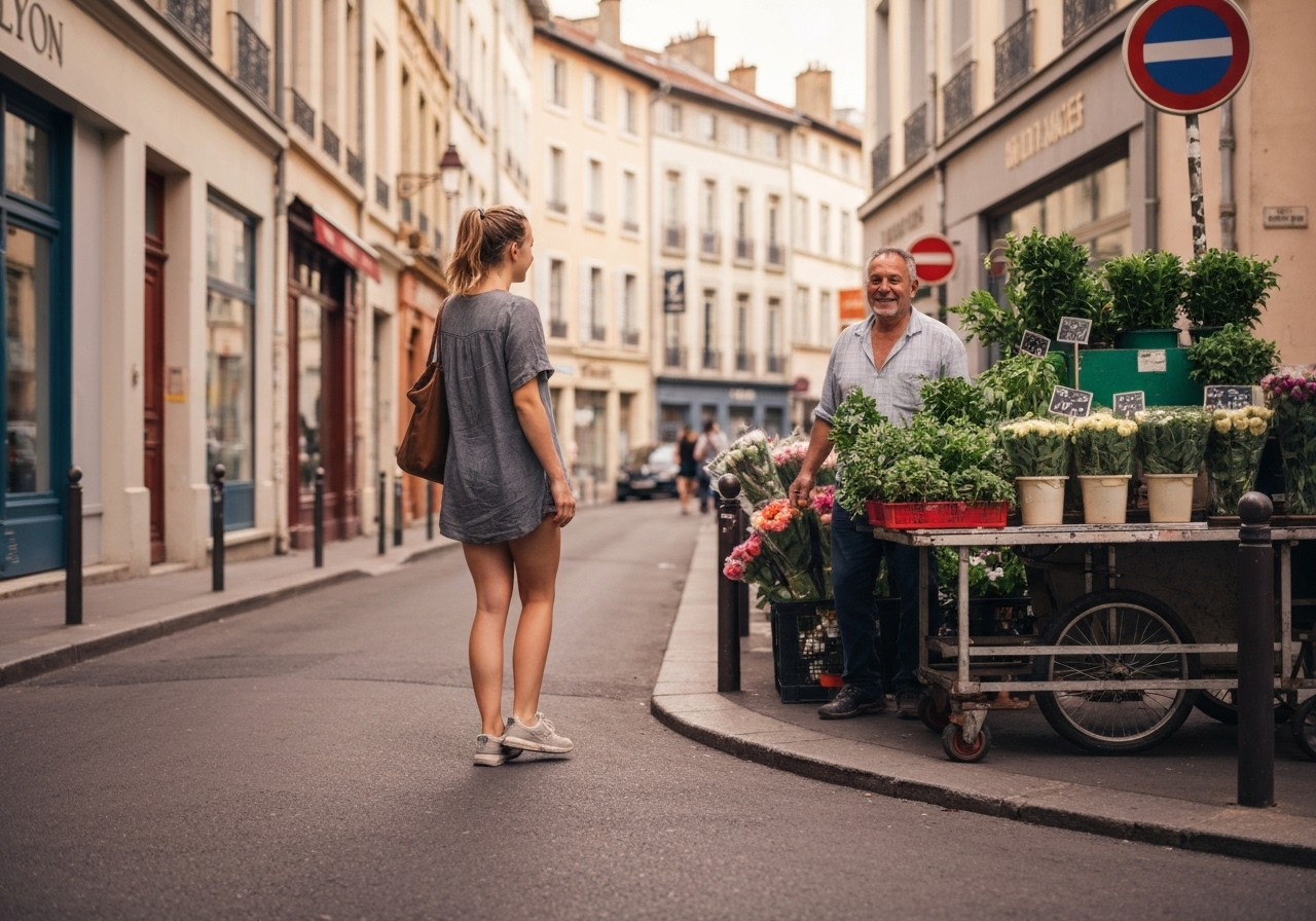 Casual street photography moment in Lyon, France, capturing genuine local atmosphere