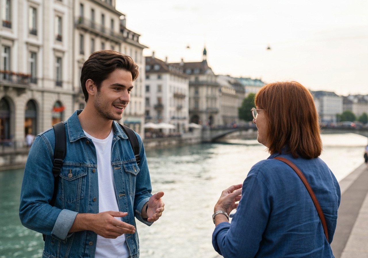 Casual street photography moment in Geneva, Switzerland, capturing genuine local atmosphere