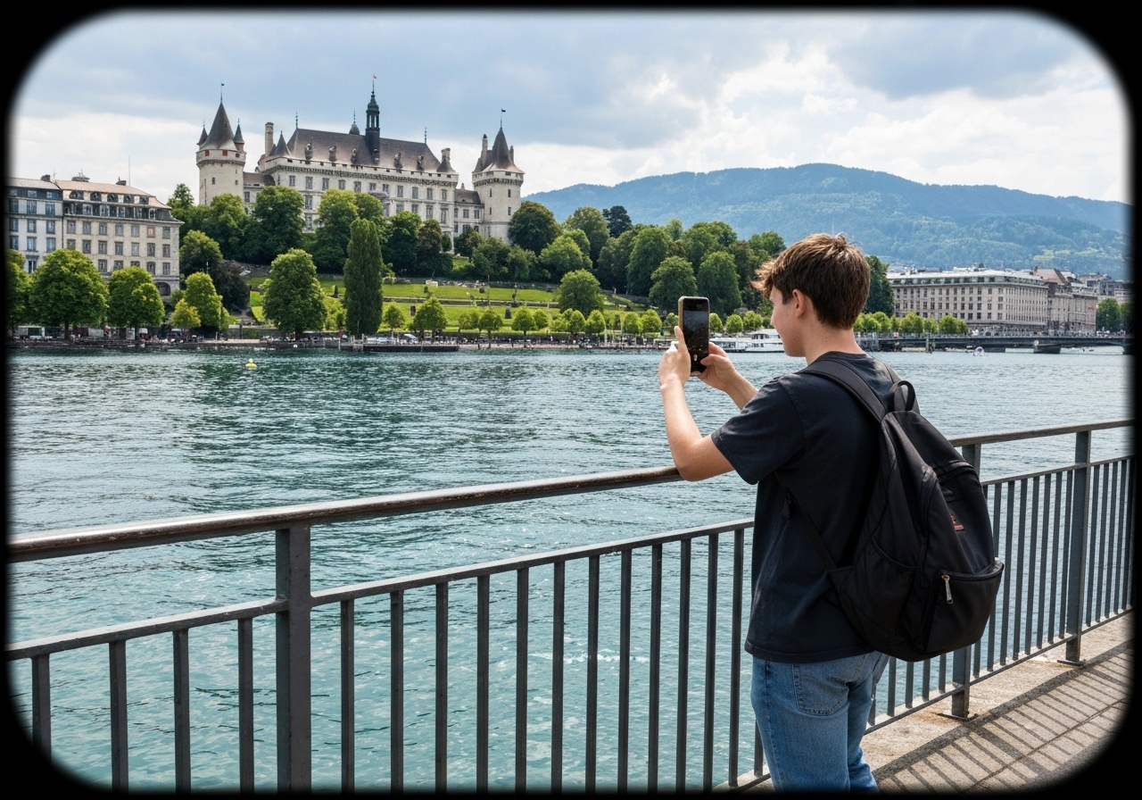 Natural travel moment in Geneva, Switzerland, taken with smartphone, imperfect framing