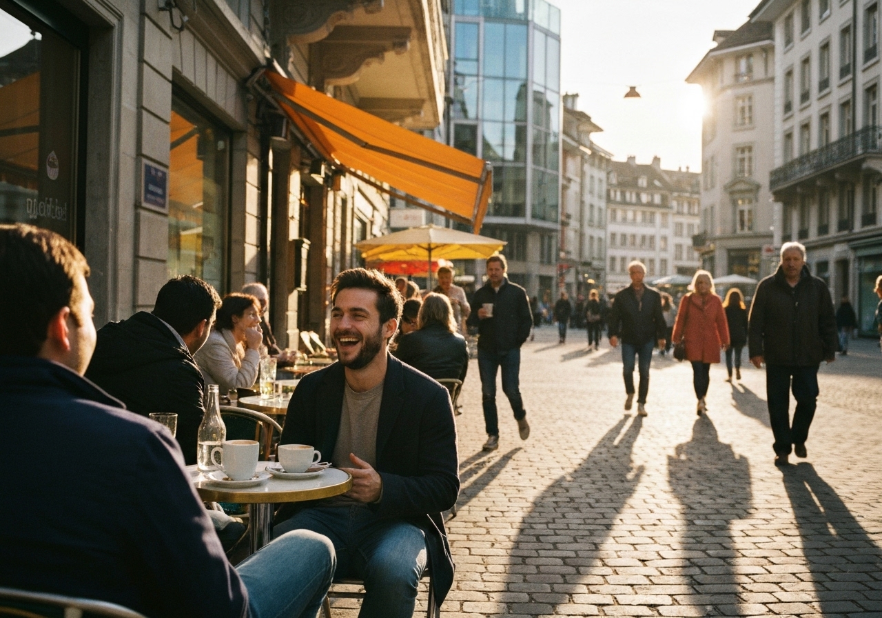 Casual street photography moment in Geneva, Switzerland, capturing genuine local atmosphere