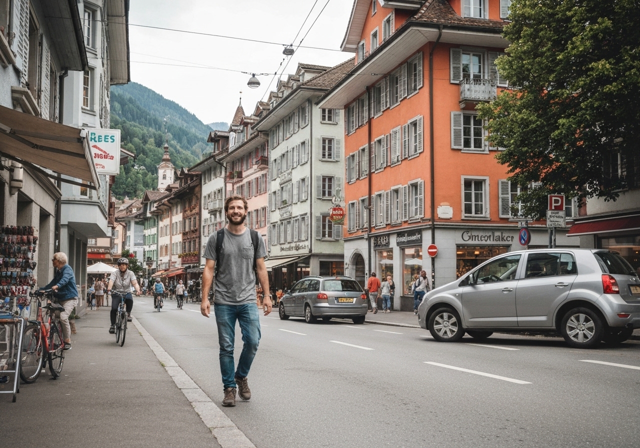 Casual street photography moment in Interlaken, Switzerland, capturing genuine local atmosphere