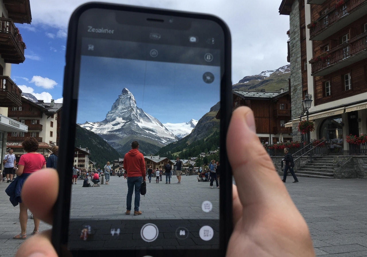 Natural travel moment in Zermatt, Switzerland, taken with smartphone, imperfect framing