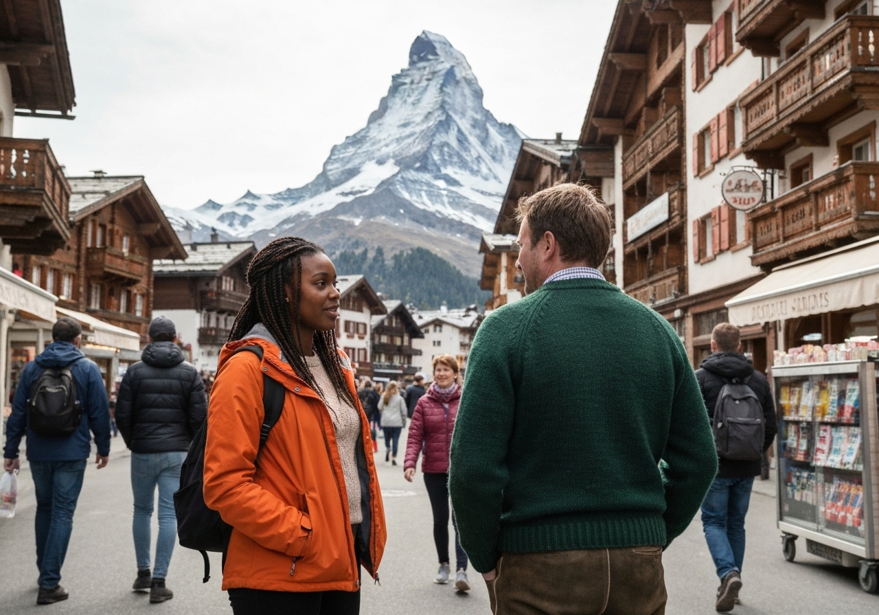 Casual street photography moment in Zermatt, Switzerland, capturing genuine local atmosphere