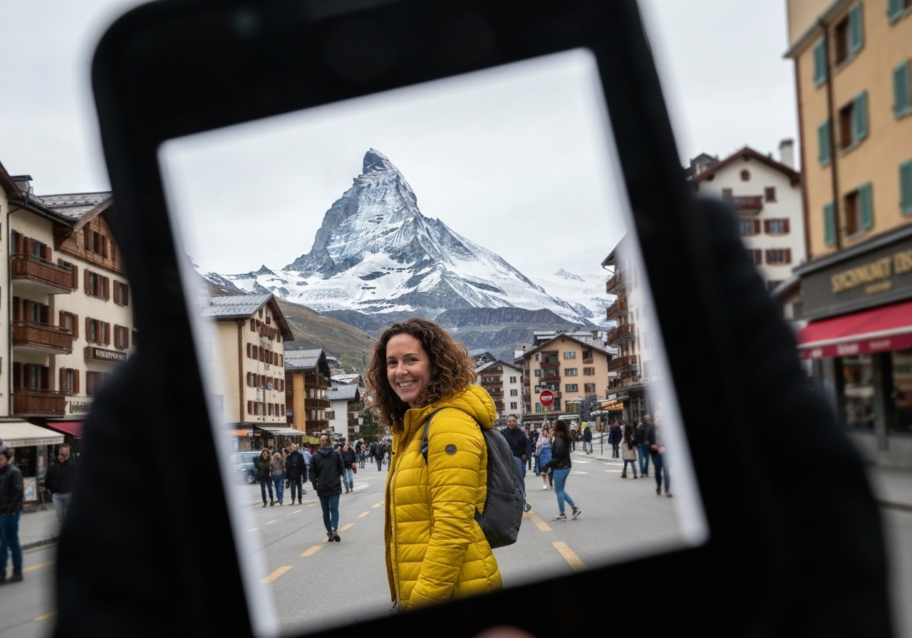 Natural travel moment in Zermatt, Switzerland, taken with smartphone, imperfect framing