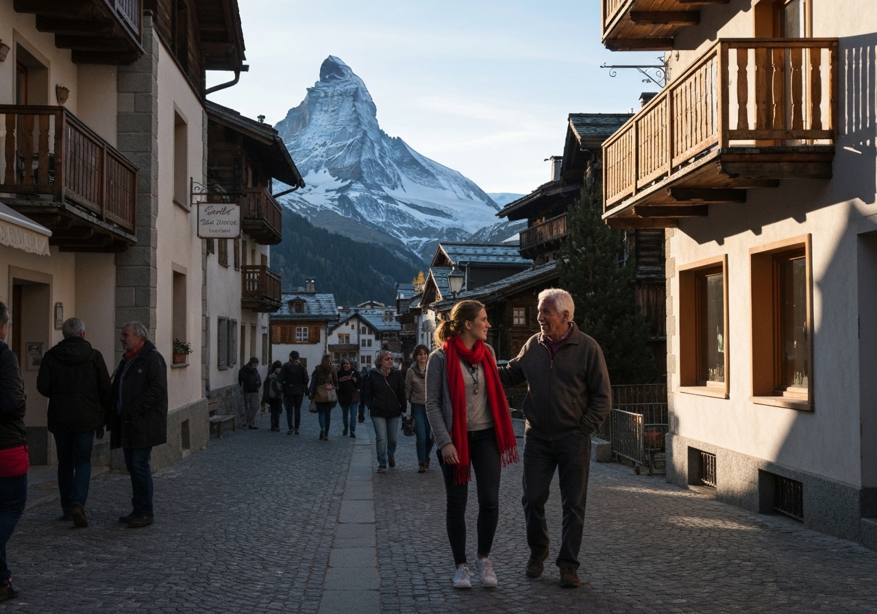 Casual street photography moment in Zermatt, Switzerland, capturing genuine local atmosphere