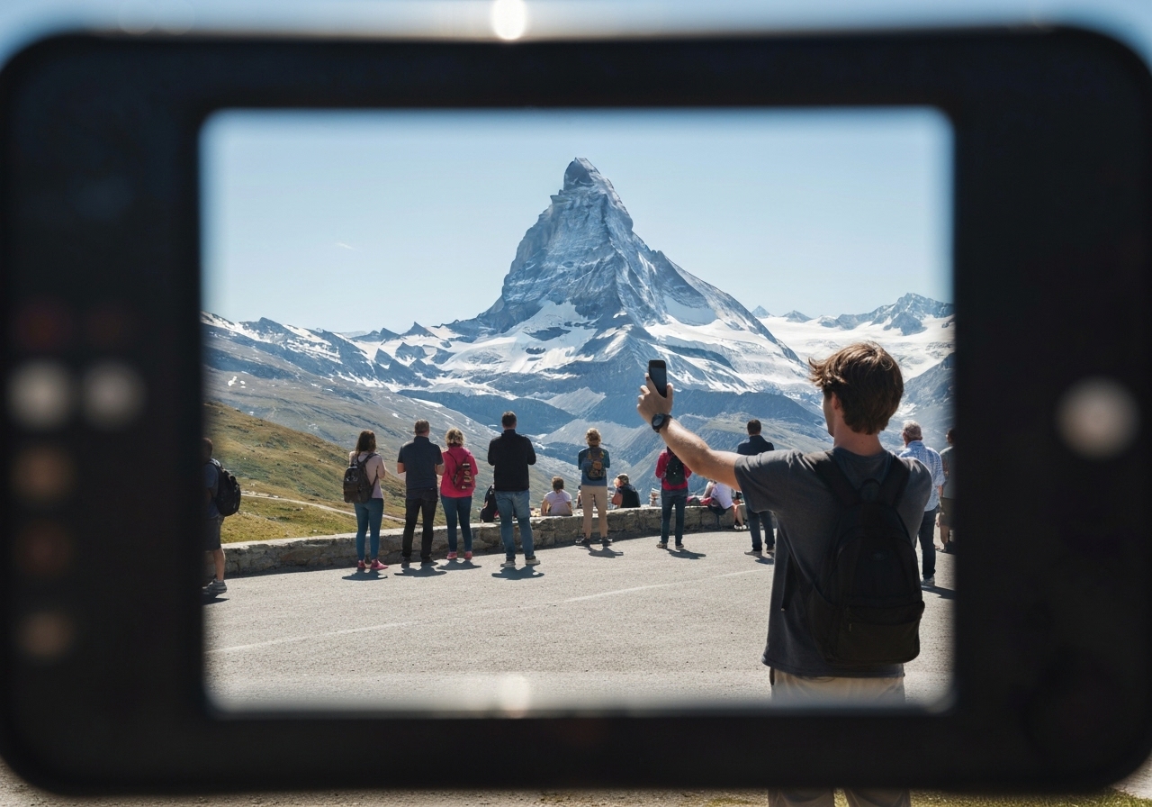 Natural travel moment in Zermatt, Switzerland, taken with smartphone, imperfect framing