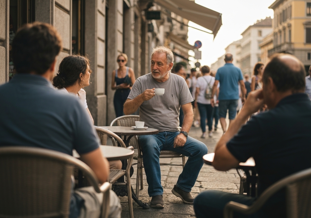 Casual street photography moment in Milan, Italy, capturing genuine local atmosphere