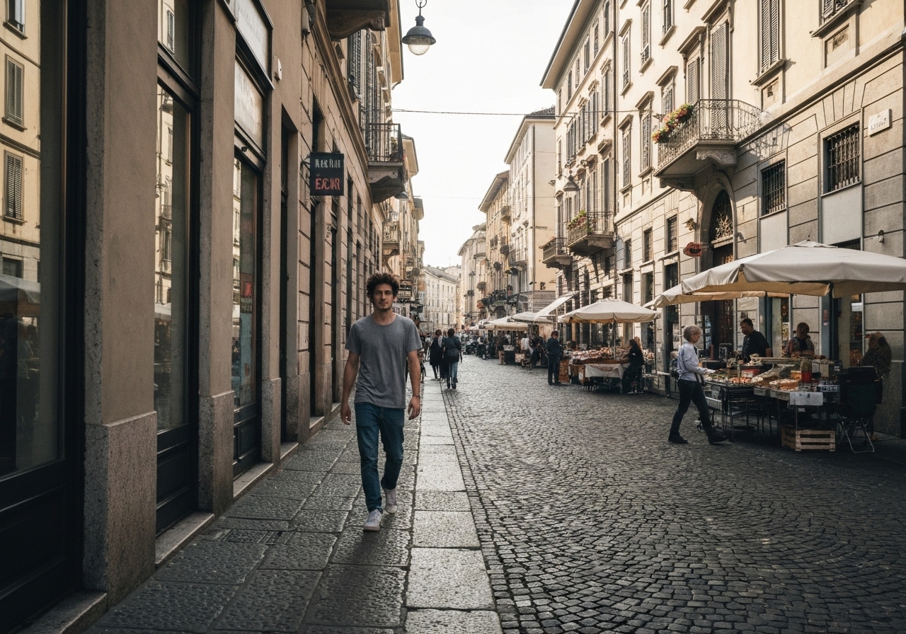 Casual street photography moment in Milan, Italy, capturing genuine local atmosphere