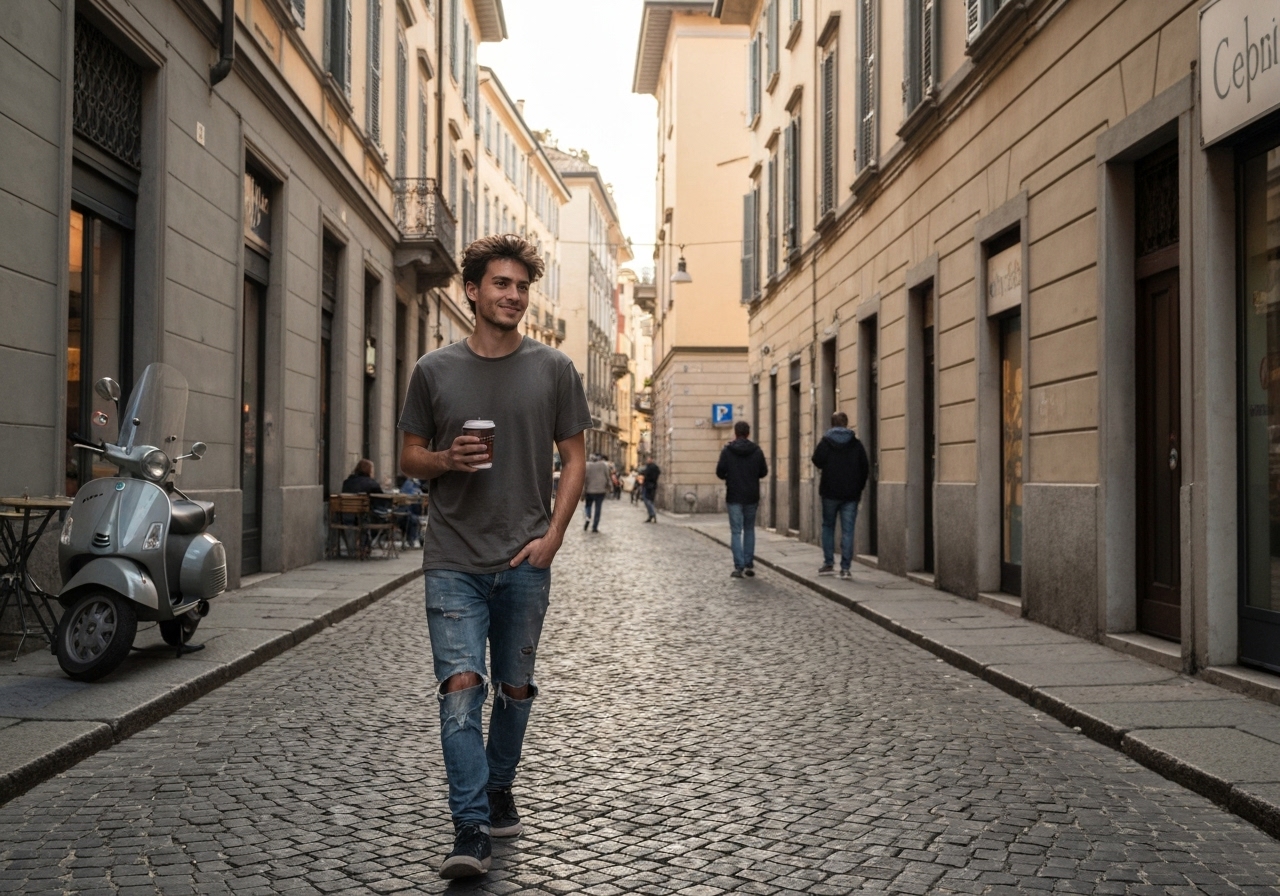 Casual street photography moment in Milan, Italy, capturing genuine local atmosphere