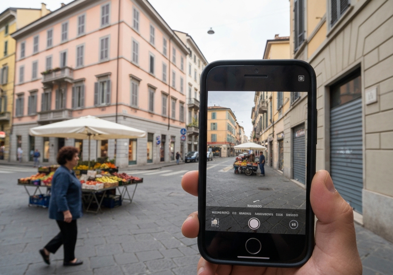 Natural travel moment in Milan, Italy, taken with smartphone, imperfect framing