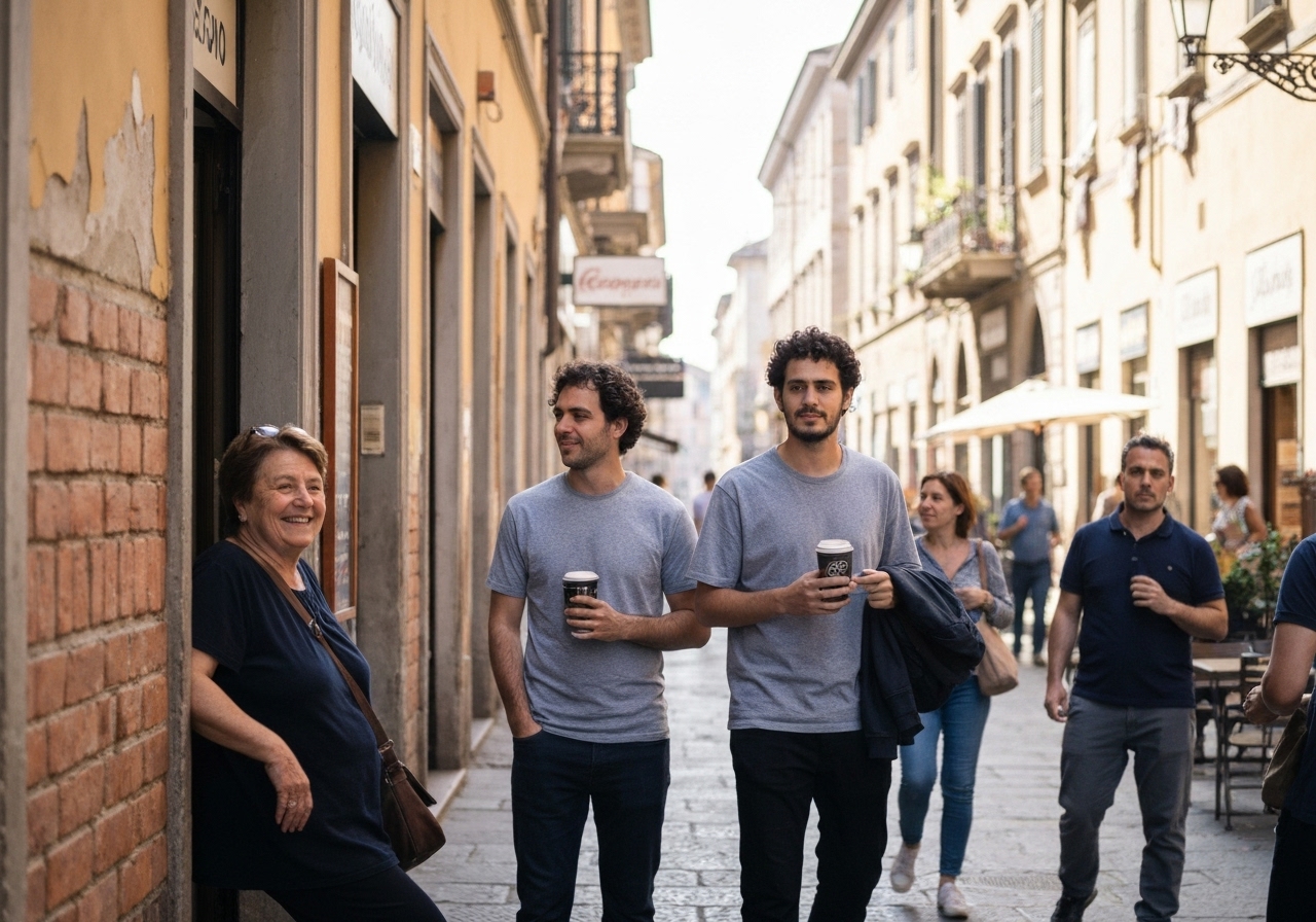 Casual street photography moment in Milan, Italy, capturing genuine local atmosphere