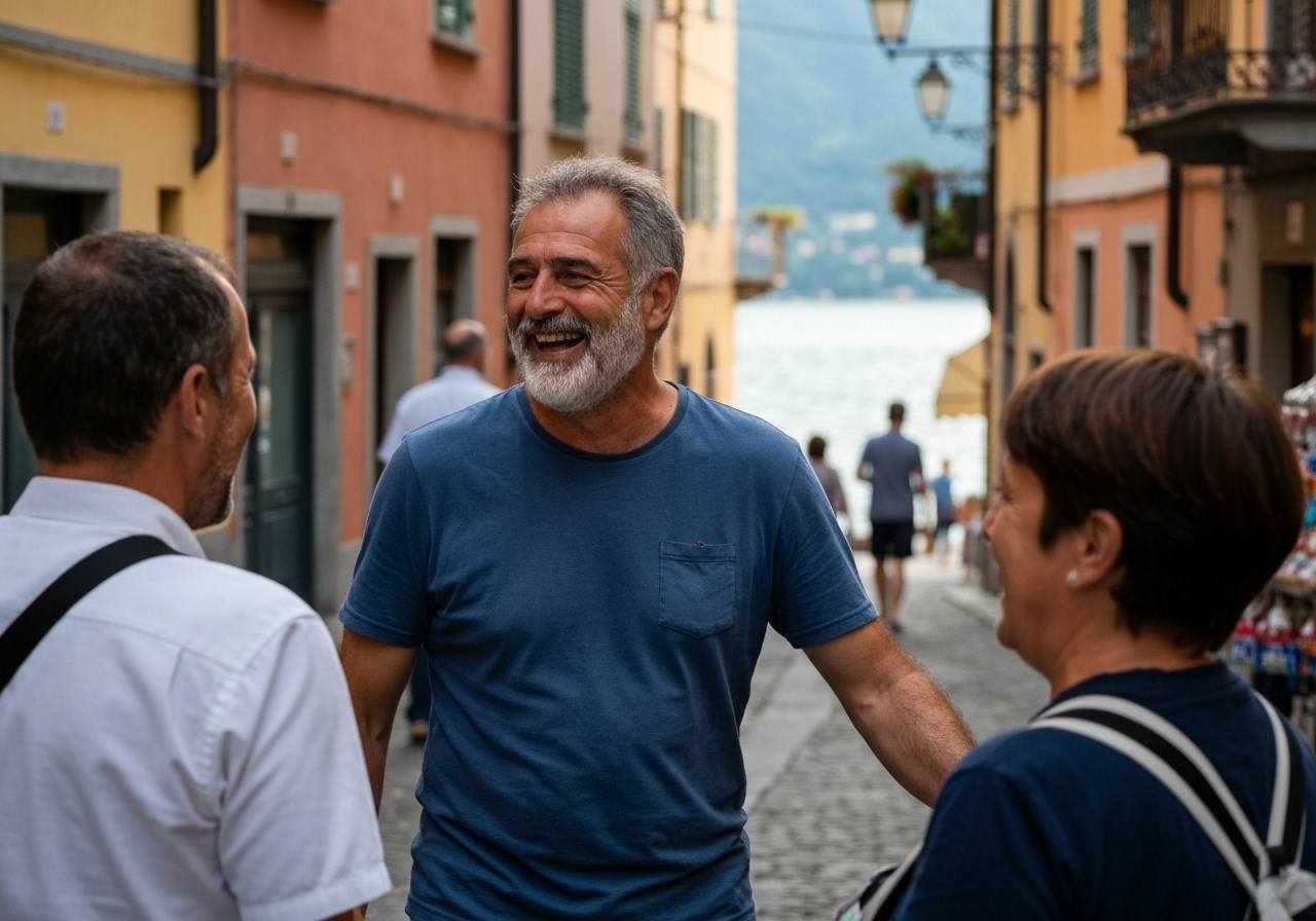 Casual street photography moment in Varenna, Italy, capturing genuine local atmosphere