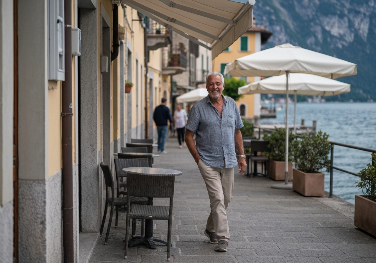 Casual street photography moment in Varenna, Italy, capturing genuine local atmosphere