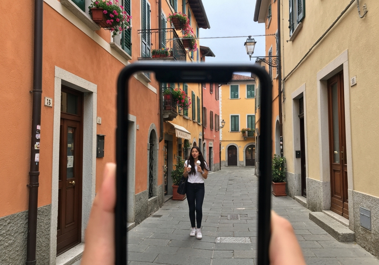 Natural travel moment in Varenna, Italy, taken with smartphone, imperfect framing