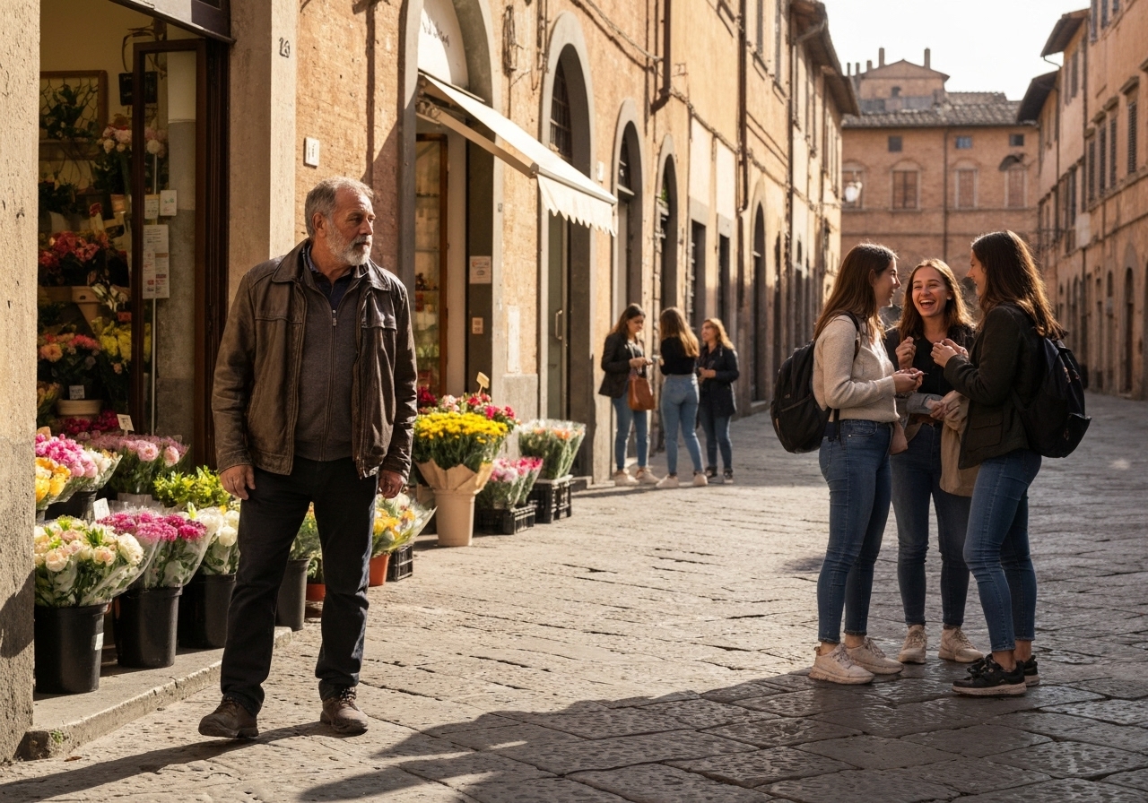 Casual street photography moment in Siena, Italy, capturing genuine local atmosphere