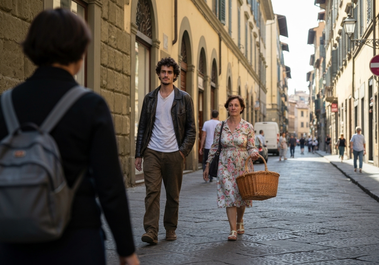 Casual street photography moment in Florence, Italy, capturing genuine local atmosphere
