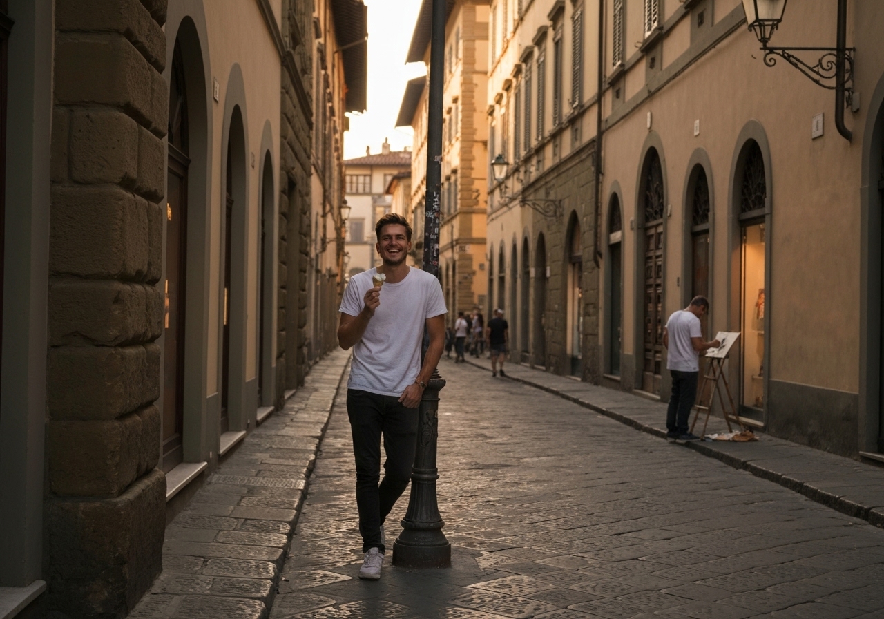 Casual street photography moment in Florence, Italy, capturing genuine local atmosphere