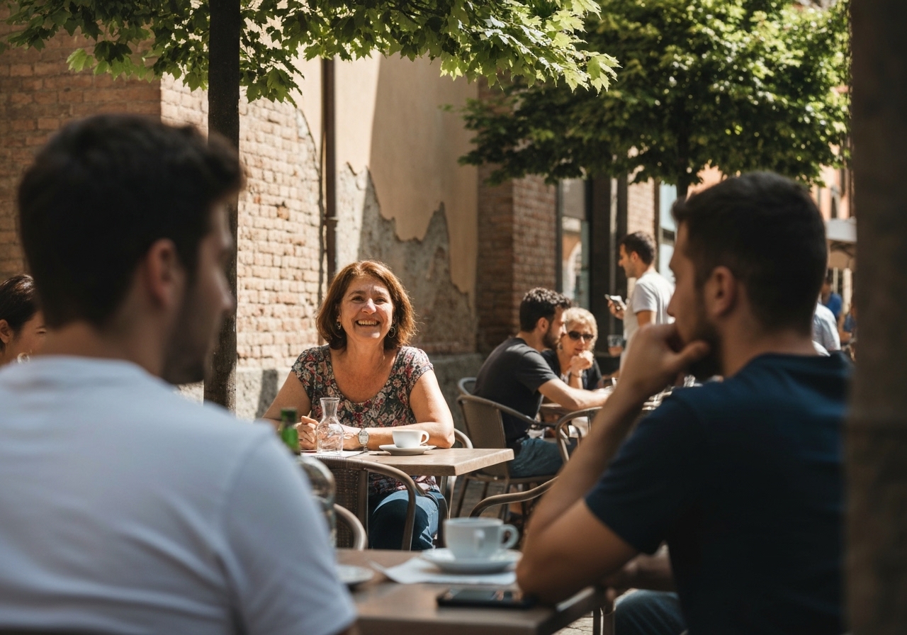 Casual street photography moment in Bologna, Italy, capturing genuine local atmosphere