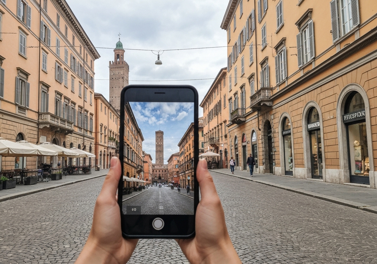 Natural travel moment in Bologna, Italy, taken with smartphone, imperfect framing