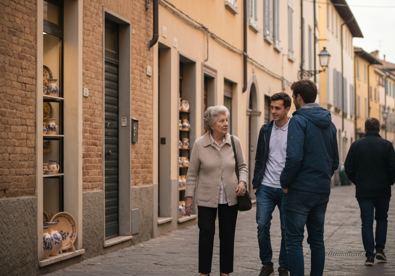 Casual street photography moment in Modena, Italy, capturing genuine local atmosphere