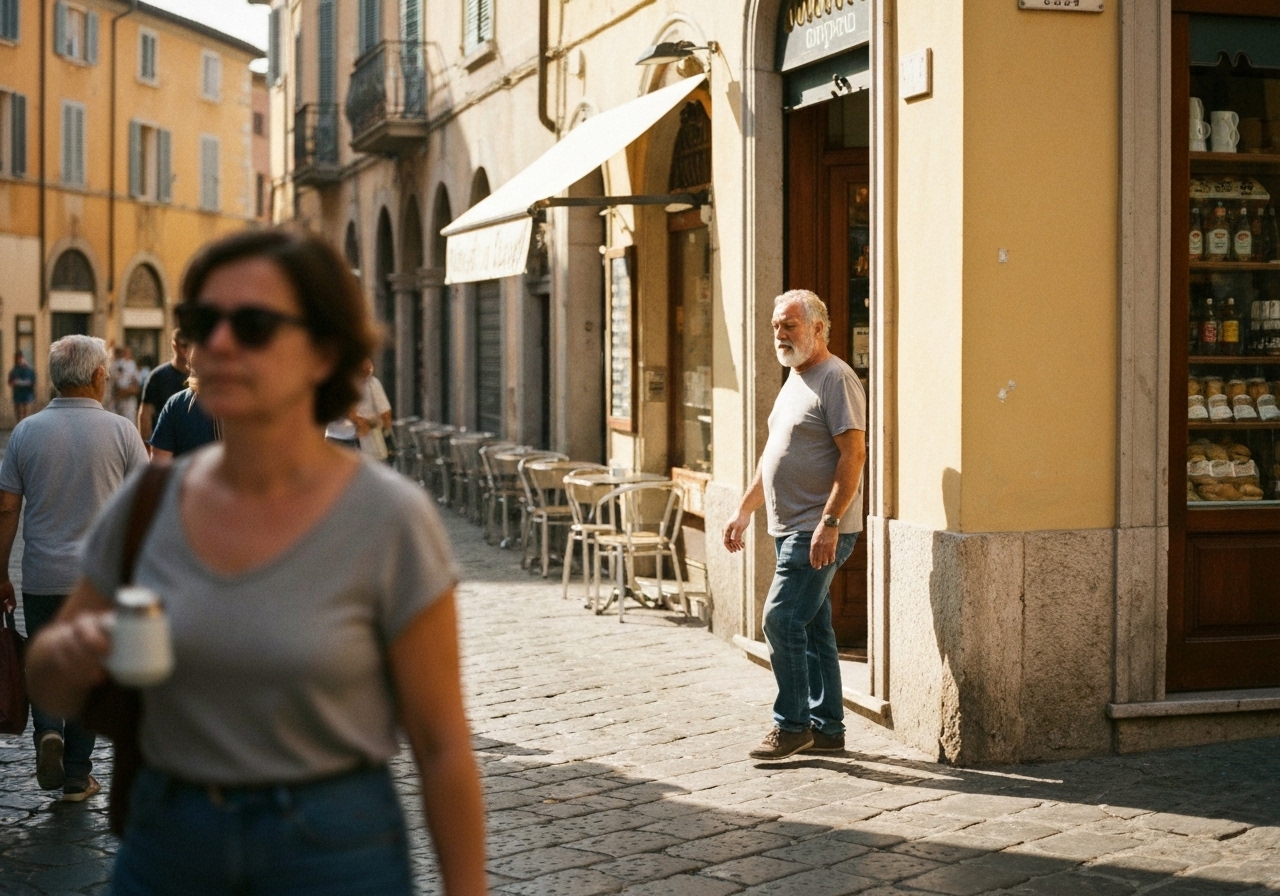 Casual street photography moment in Modena, Italy, capturing genuine local atmosphere