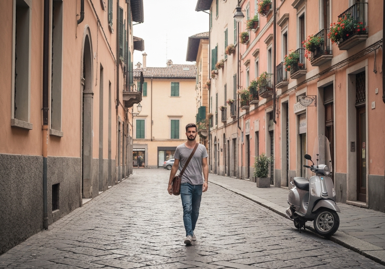 Casual street photography moment in Bologna, Italy, capturing genuine local atmosphere