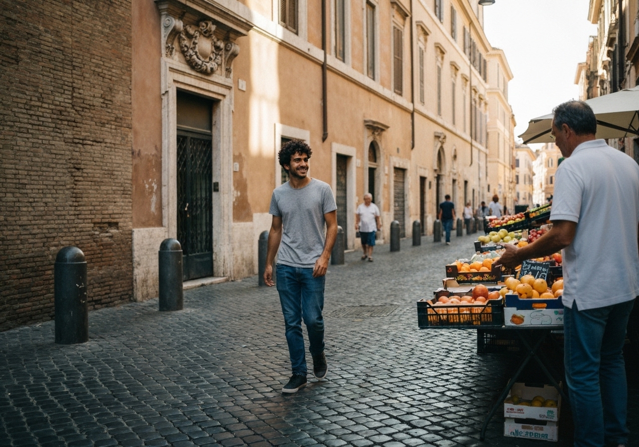 Casual street photography moment in Rome, Italy, capturing genuine local atmosphere