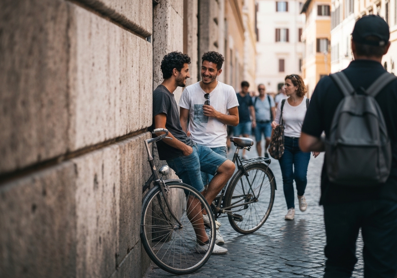 Casual street photography moment in Rome, Italy, capturing genuine local atmosphere