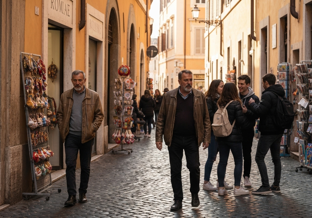 Casual street photography moment in Rome, Italy, capturing genuine local atmosphere