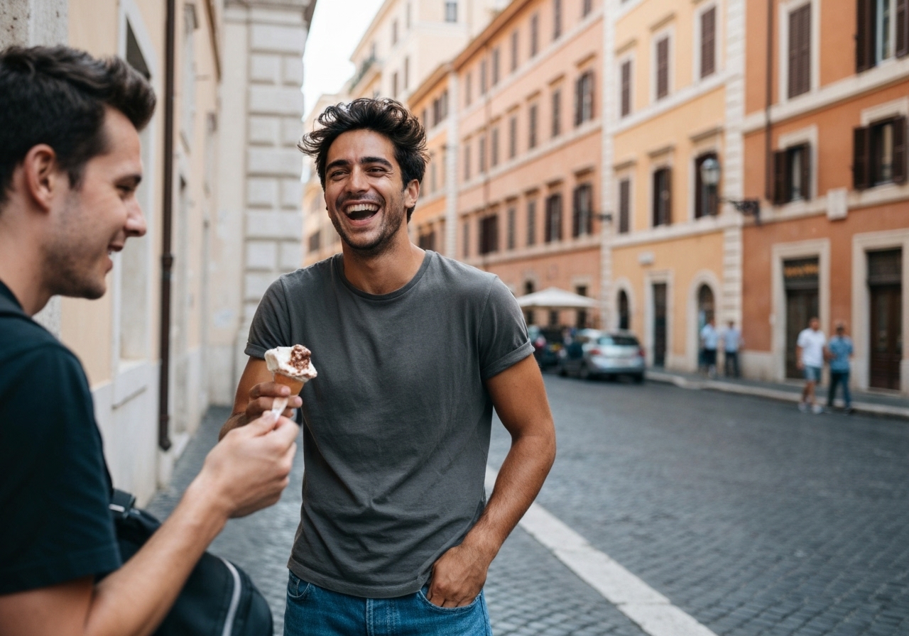 Casual street photography moment in Rome, Italy, capturing genuine local atmosphere